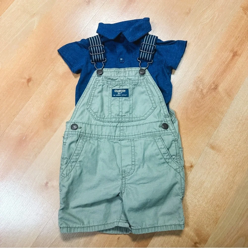 Oshkosh Olive Green & Navy Blue Polo Bodysuit & Overalls Outfit Size 12M